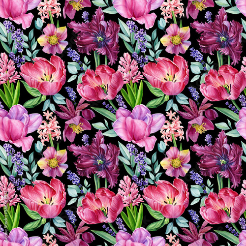Beautiful seamless pattern with watercolor flowers peonies  tulips  lavender  flora wallpaper