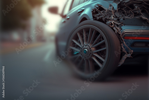 a damaged car, car accident on a small road, damage to the engine and tires,