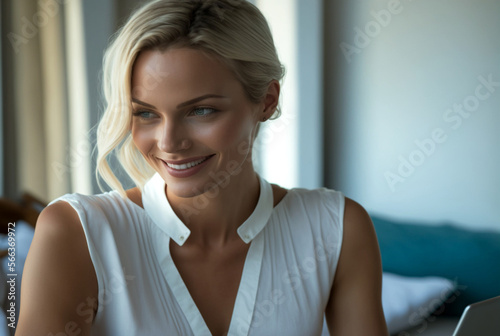 adult blonde woman with a smile has fun working on a laptop computer, sitting in an office on a white desk chair at a desk Free Download adult blonde woman with a smile has fun working on a laptop computer, sitting in an office on a white desk chair at a desk - GFXLoad