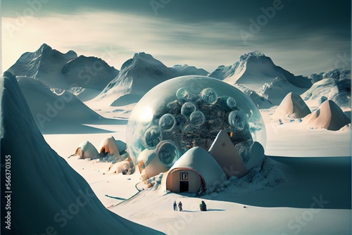 Fotobehang Human colony on a frozen planet. Generative AI