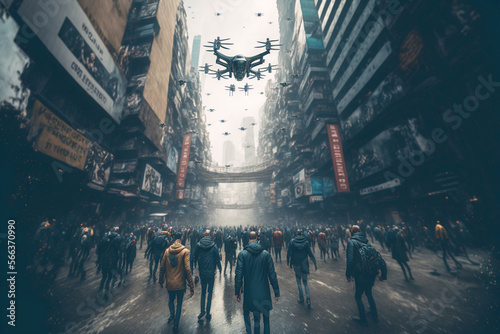 a gloomy dark city with many people all walking in one direction and above them two dozen drones with cameras for surveillance or control