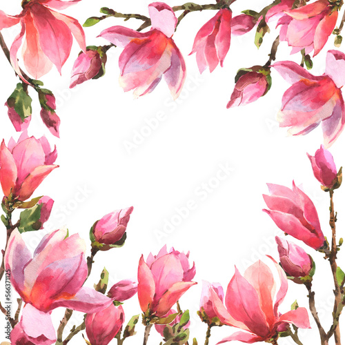 Watercolor frame with branches of pink magnolia, template with empty place for you text, isolated on a transparent background. Wedding card. Birthday card.