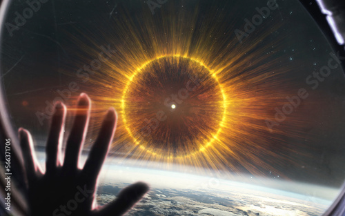 3D illustration of Astronaut looks at explosion of the star. Supernova birth. Big bang. 5K realistic science fiction art. Elements of image provided by Nasa