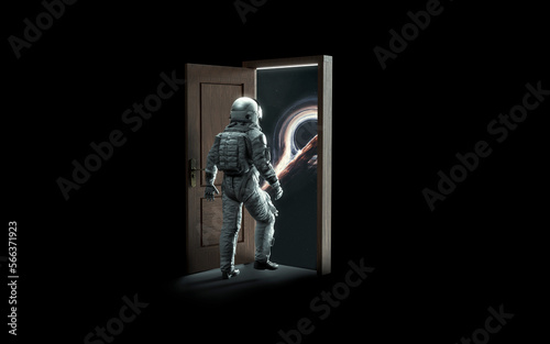 3D illustration of astronaut opens the door to space. 5K realistic science fiction art. Elements of image provided by Nasa photo