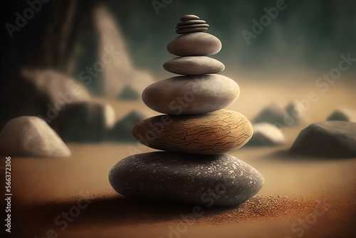 Stacked zen stones sand background art of balance concept. Generative AI