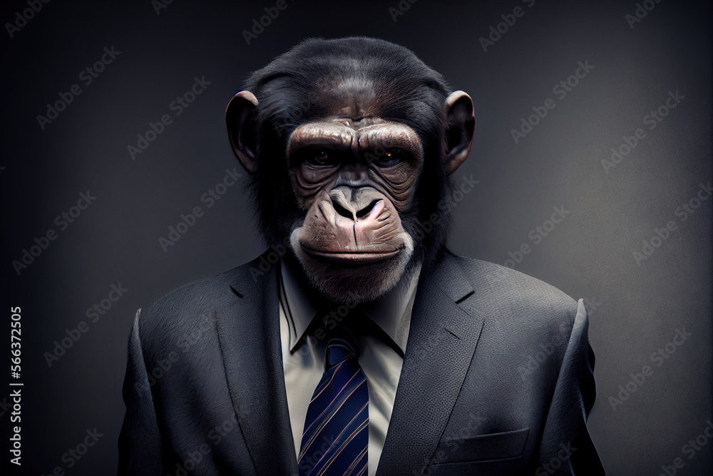 Serious chimpanzee in business suit. Digitally generated AI image Serious chimpanzee in business suit. Digitally generated AI image