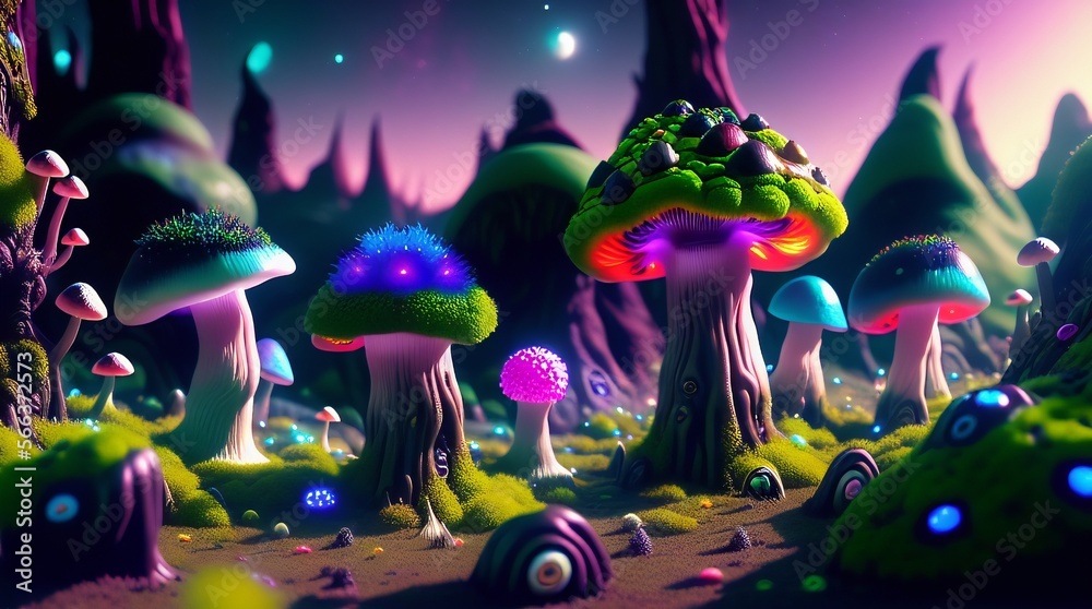 Paisaje Alienígena con en un Bosque de Setas con Pequeñas Flores Coloridas Paisaje Alienígena con en un Bosque de Setas con Pequeñas Flores Coloridas