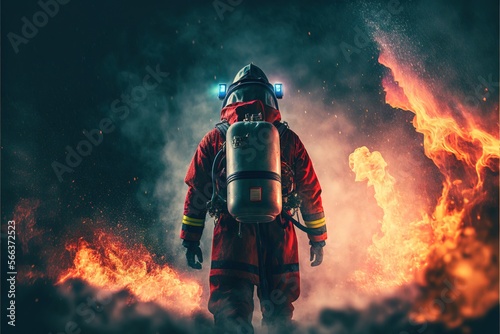 Fireman In Full Gear Facing Fire Generative AI