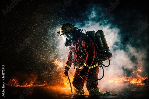Fireman In Full Gear With Extinguisher In Flame Generative AI