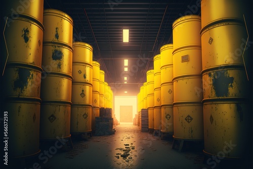 Interior Of Depot Storage Of Yellow Barrels With Radioactive Waste Generative AI