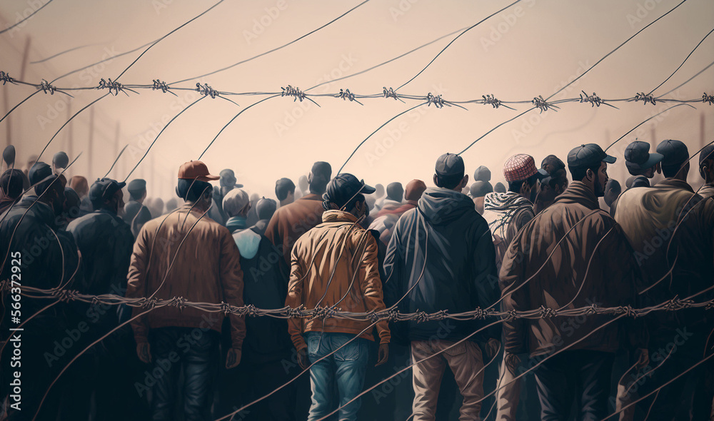 abstract fictional people at a high fence, at a fictional border or border crossing, refugees or immigrants standing in an endless queue or row along the fence - obrazy, fototapety, plakaty 