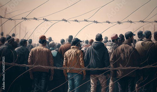 abstract fictional people at a high fence, at a fictional border or border crossing, refugees or immigrants standing in an endless queue or row along the fence photo
