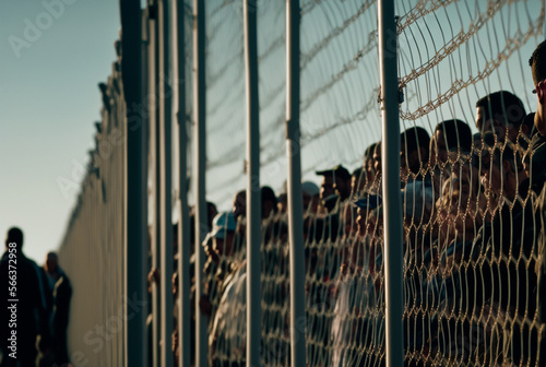abstract fictional people at a high fence, at a fictional border or border crossing, refugees or immigrants standing in an endless queue or row along the fence