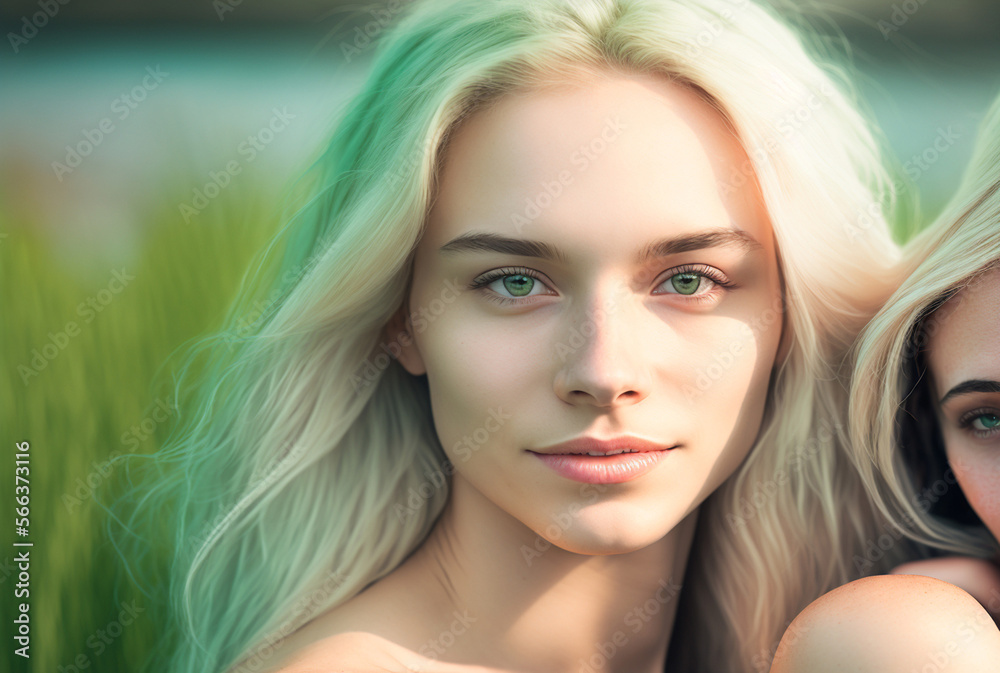 young woman outdoors in nature, blond hair, blonde