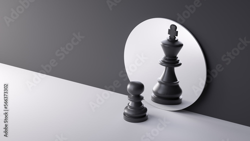 3d render, chess game white pawn piece stands in front of the round mirror with reflection of black king. Contradiction or ambition metaphor. Perceptual distortion concept. Minimalist composition photo