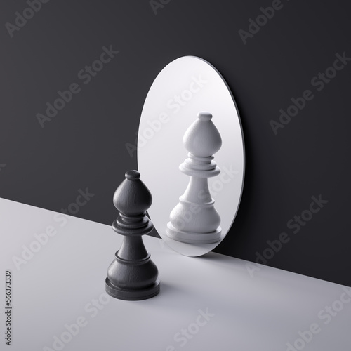 Foto 3d render, chess game piece, black bishop stands alone in front of the round mirror with white reflection
