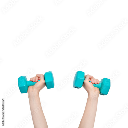 Two hands hold blue dumbbells weighing 1 kilogram each. Sport at home concept. Hand and dumbbells isolated on white background photo
