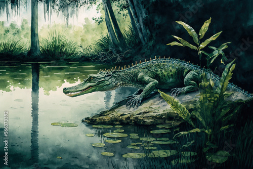 Digital watercolor painting of a crocodile. Lake  4K Landscape 