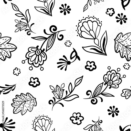 Seamless floral pattern. Vector illustration of fantasy flowers and leaves in a doodle style in black.