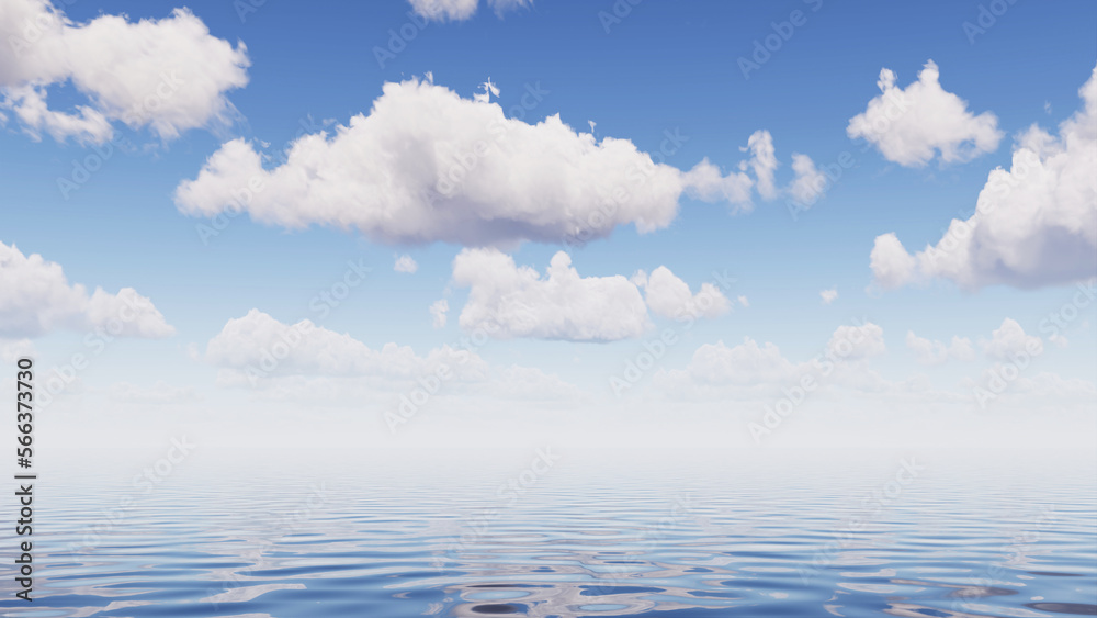 3d rendering, abstract seascape background, white clouds in the blue sky above the calm water. Nature wallpaper