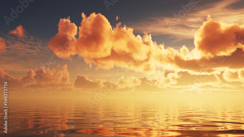 3d render, abstract landscape background, seascape sunset, golden sunlight and clouds above the calm water