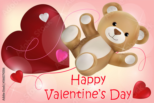 Teddy bear and a big heart on a pink background with the inscription Happy Valentine's Day. Vector image