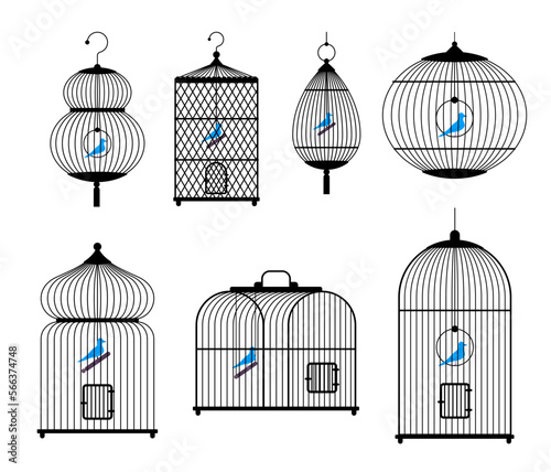Vector bird cages set with birds inside. Cage silhouettes of different types square, rectangle, arch and round with birds inside isolated