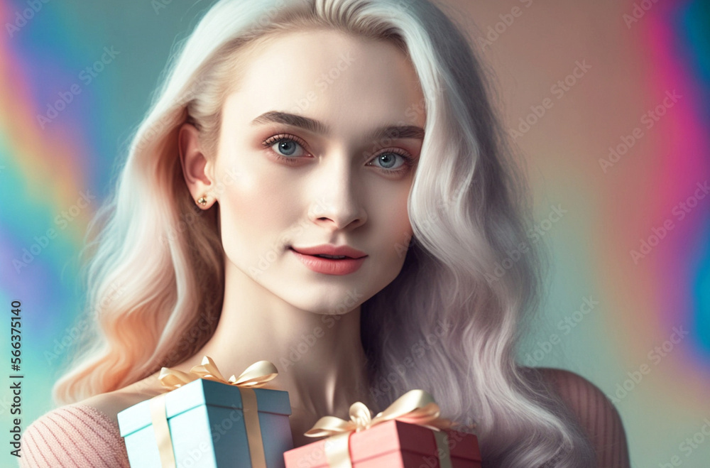 young attractive adult woman in pastel color style, blond hair, blonde, with gifts in her hands young attractive adult woman in pastel color style, blond hair, blonde, with gifts in her hands