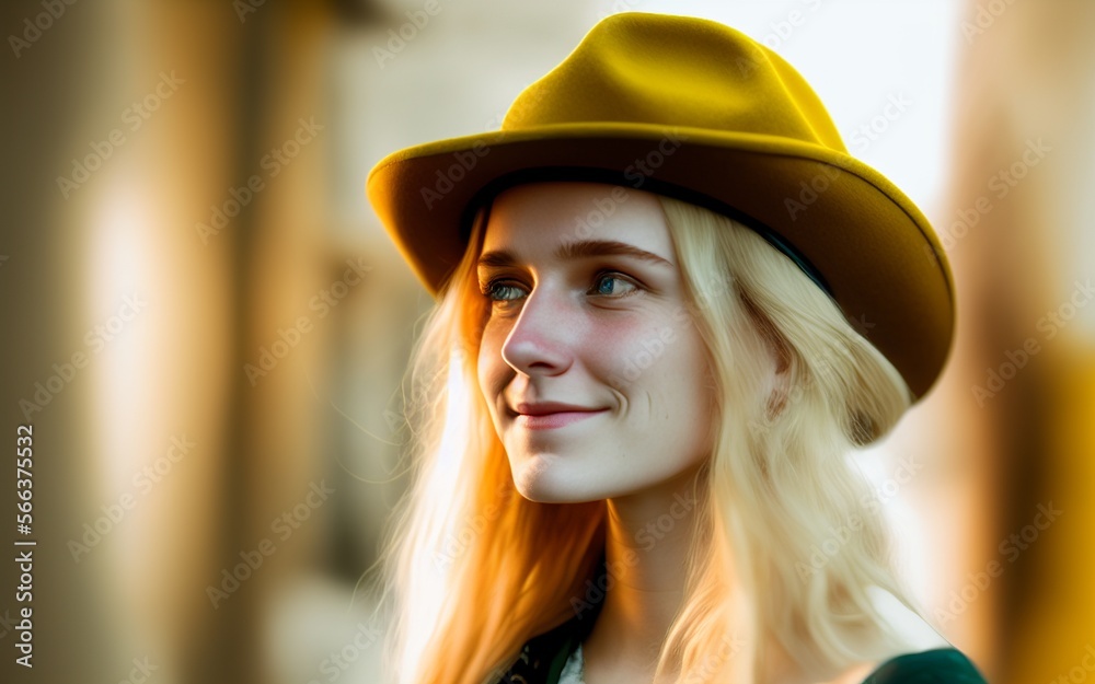 beautiful Caucasian woman with yellow hat and blue eyes, looking happily to one side beautiful Caucasian woman with yellow hat and blue eyes, looking happily to one side