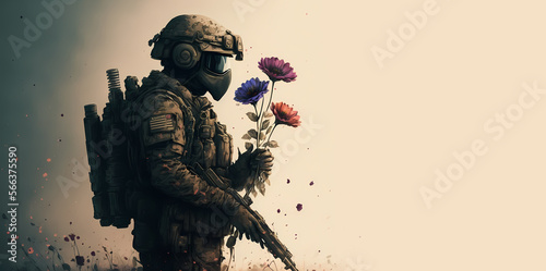 Image modern soldier with weapons and flowers. Concept banner pacifism, anti war demonstration for peace. Generation AI photo