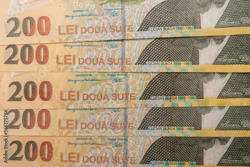 Stack of LEI Romanian money. RON Leu Money European Currency (200 lei banknotes) photo