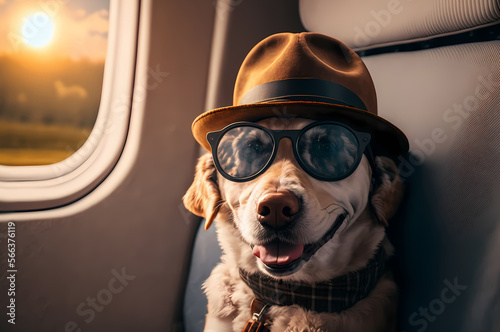 Happy traveler dog tourist make selfie photo on board plane. Concept trip with pet animal. Generation AI