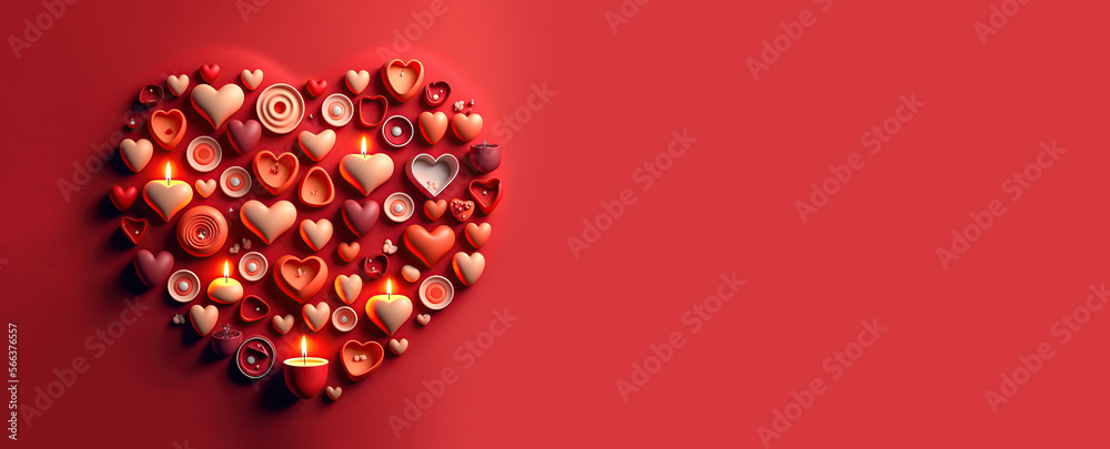 Cute candles forming a heart with red background. Valentine's Day. Generative AI Cute candles forming a heart with red background. Valentine's Day. Generative AI