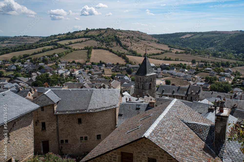 Architecture and landscape of Aveyron in France, with stone houses