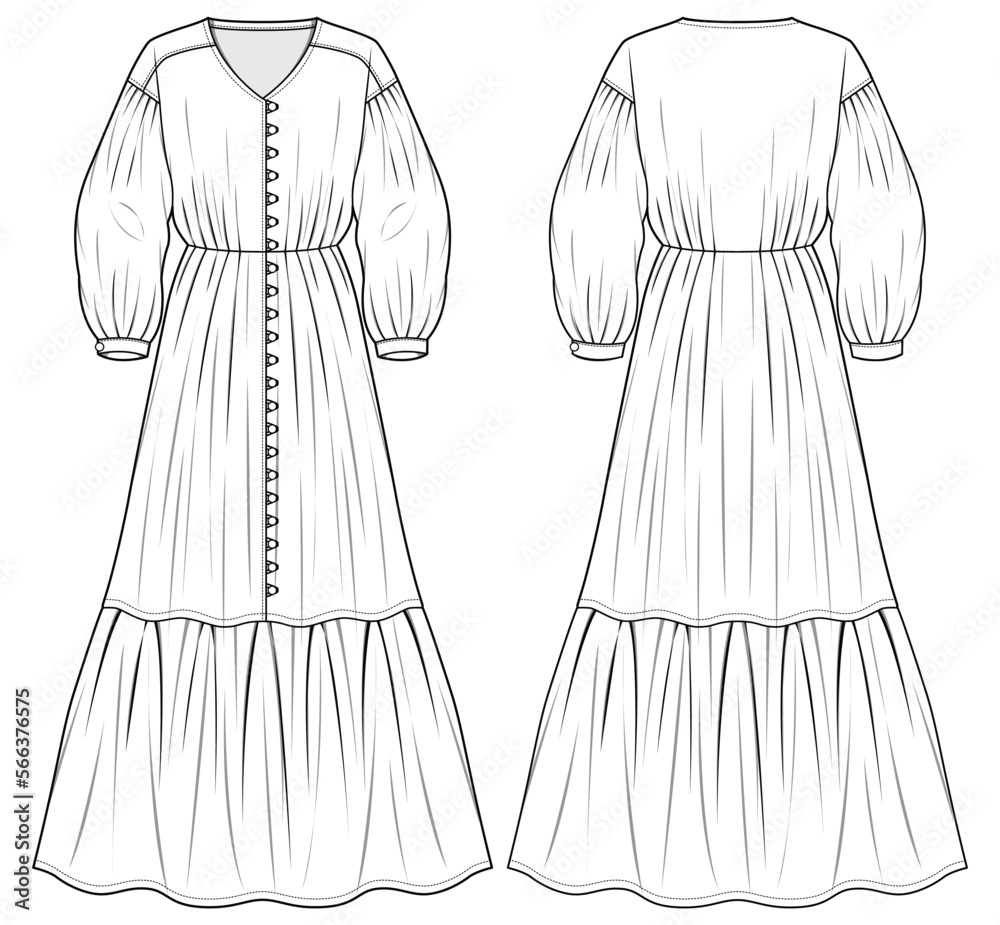 Women tired maxi Prairie dress design flat sketch fashion illustration ...