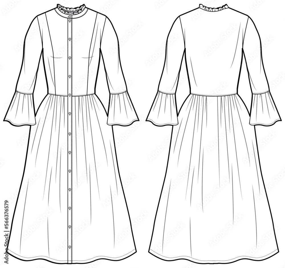 Women Flounce sleeve maxi dress design flat sketch fashion illustration ...
