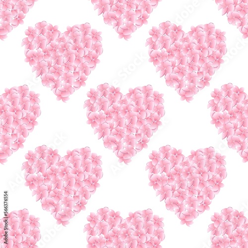 Cute seamless pattern with hearts of pink plumeria flowers. Hearts of frangipani. Hand drawn illustration. Repitable motif.