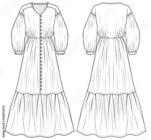Women tired maxi Prairie dress design flat sketch fashion illustration with fron Fototapeta