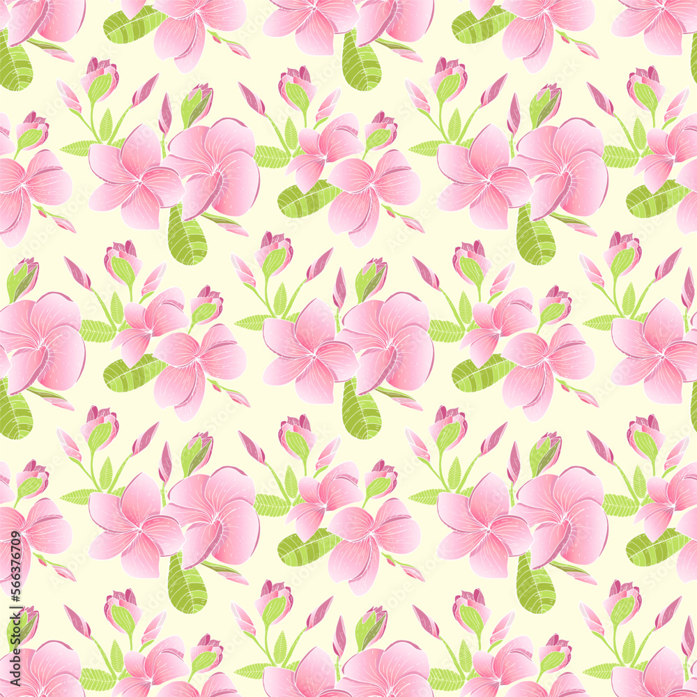 Tropical exotic plumeria flowers in simple elegant style. Decorative of frangipani floral seamless pattern. Repitable motif.