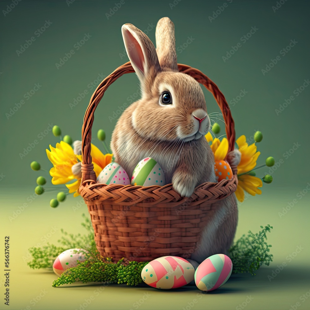 Easter bunny sitting in a basket with easter eggs and flowers - generative AI Easter bunny sitting in a basket with easter eggs and flowers - generative AI