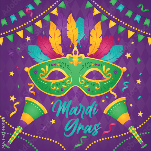 Isolated green venetian mask with feathers Mardi gras poster Vector illustration