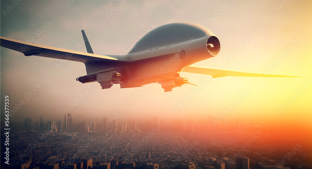 Modern military drone on sunset background. Generation AI Modern military drone on sunset background. Generation AI