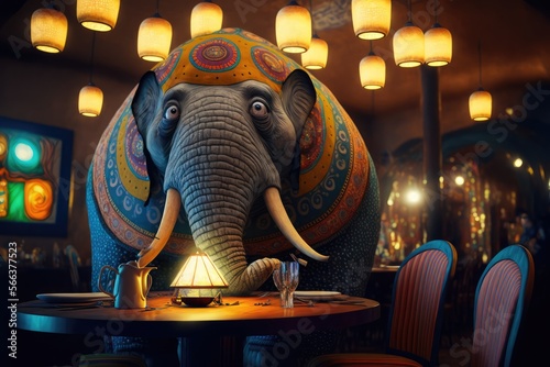 Surreal Animal elephant sitting in a restaurant