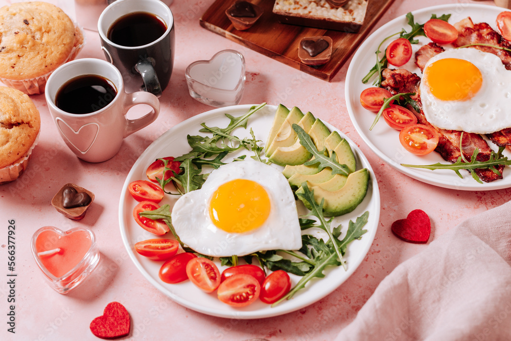 Couple breakfast on Valentines Day on pink background, top view Couple breakfast on Valentines Day on pink background, top view