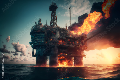 Accident Gas explosion on offshore petroleum platform, oil rig at sea water, sunset light. Generation AI