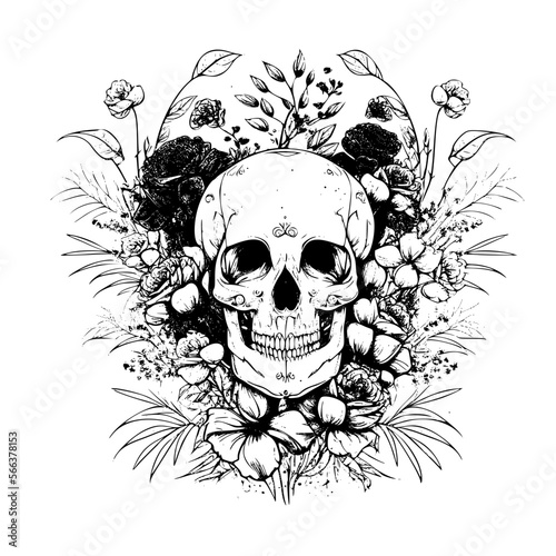 Human skull in flowers