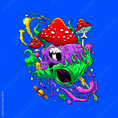 Bright psychedelic art. Fly agaric mushrooms. Alien skull. Space. Mystic. Hand drawn vector illustration. T-shirt print template.
