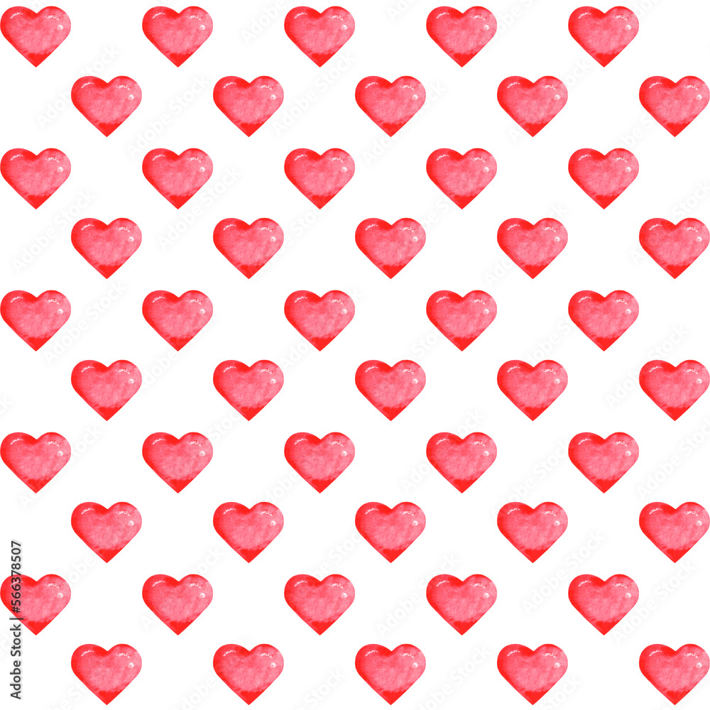Red heart watercolor seamless pattern. Valentine's Day. February 14. Love, romance. Red hearts, white background. For printing on wrapping paper, textiles, fabrics. For electronic media.