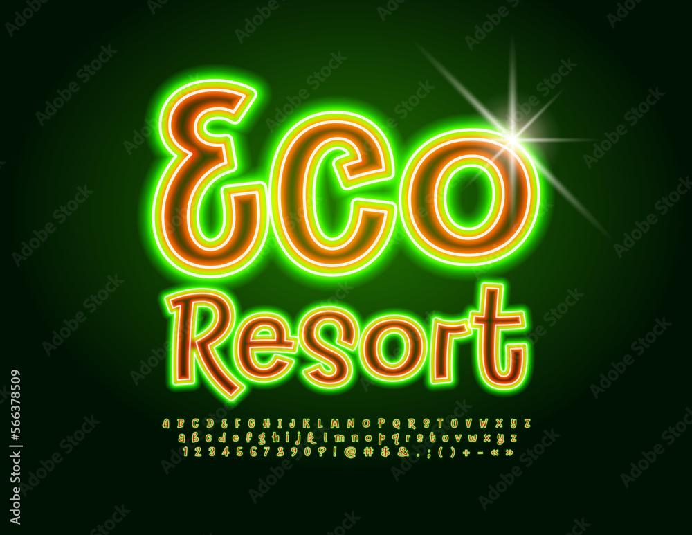 Vector trendy banner Eco Resort with glowing Font. Set of Neon artistic style Alphabet Letters, Numbers and Symbols