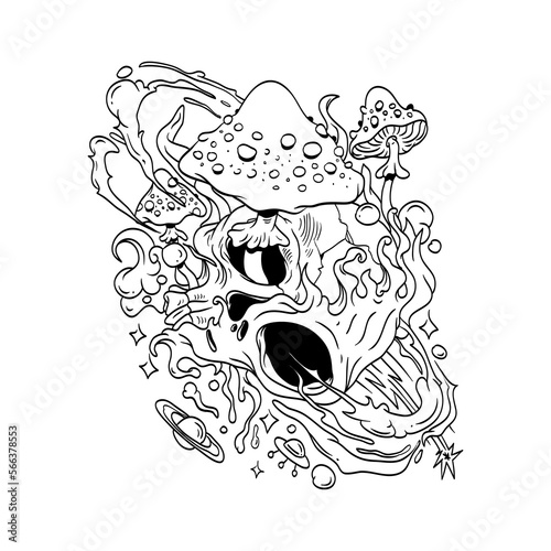 Psychedelic art. Fly agaric mushrooms. Alien skull. Space. Mystic. Hand drawn vector illustration. T-shirt print template. 